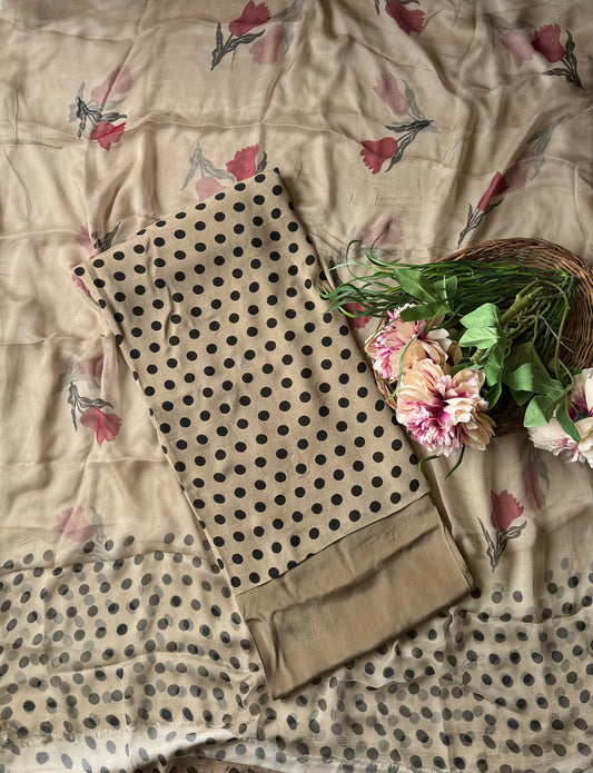 Chinon Polka Dot Dusty Dark Beige With Red Flower Suit Fabric / Polka Story
