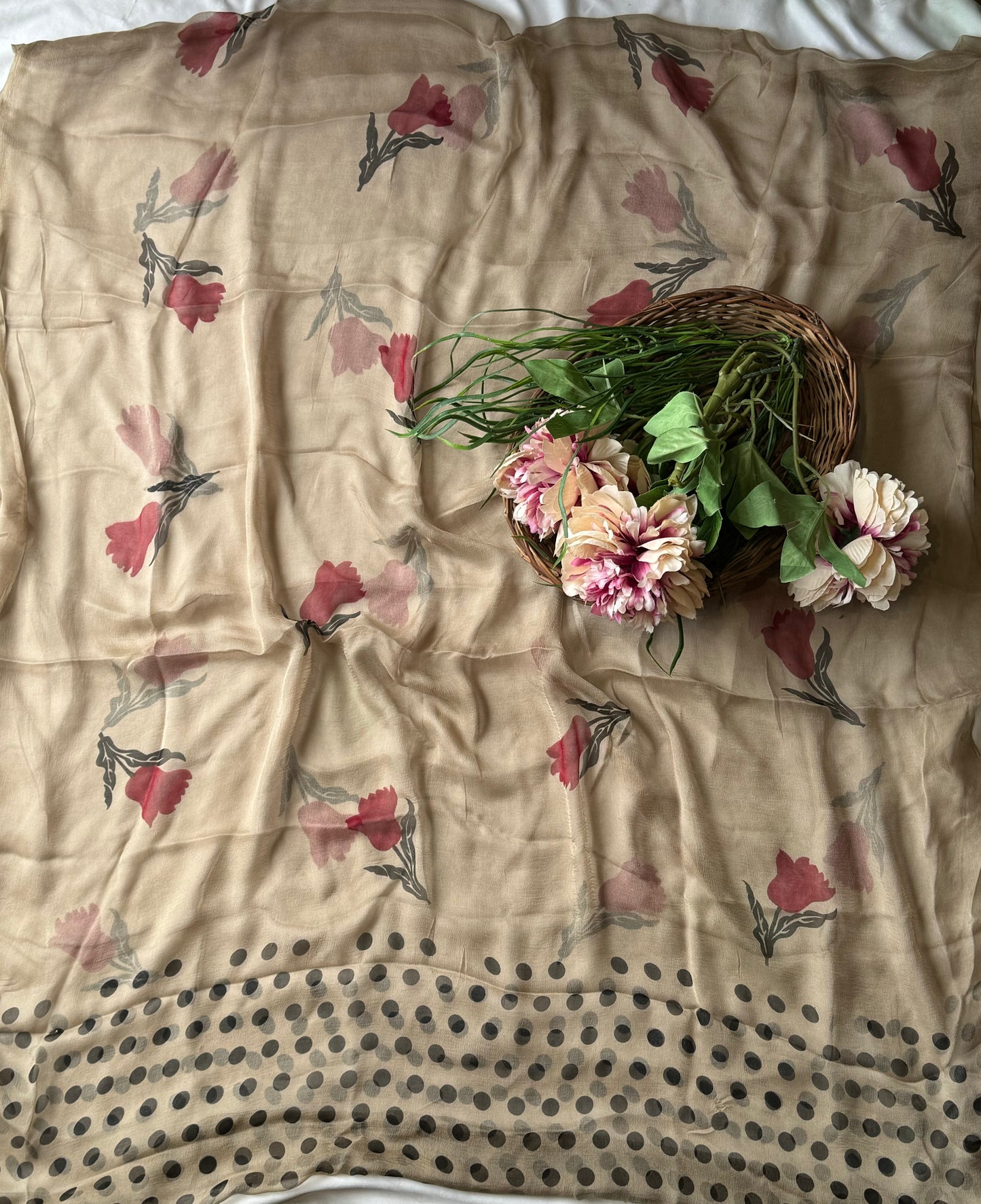 Chinon Polka Dot Dusty Dark Beige With Red Flower Suit Fabric / Polka Story