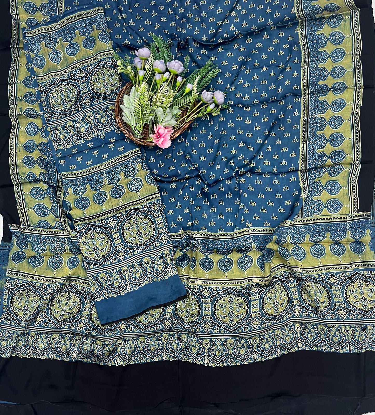 49C Jaipuri Modal Mehndi Green With Dark Blue Suit Fabric / CKC Jaipuri Suits
