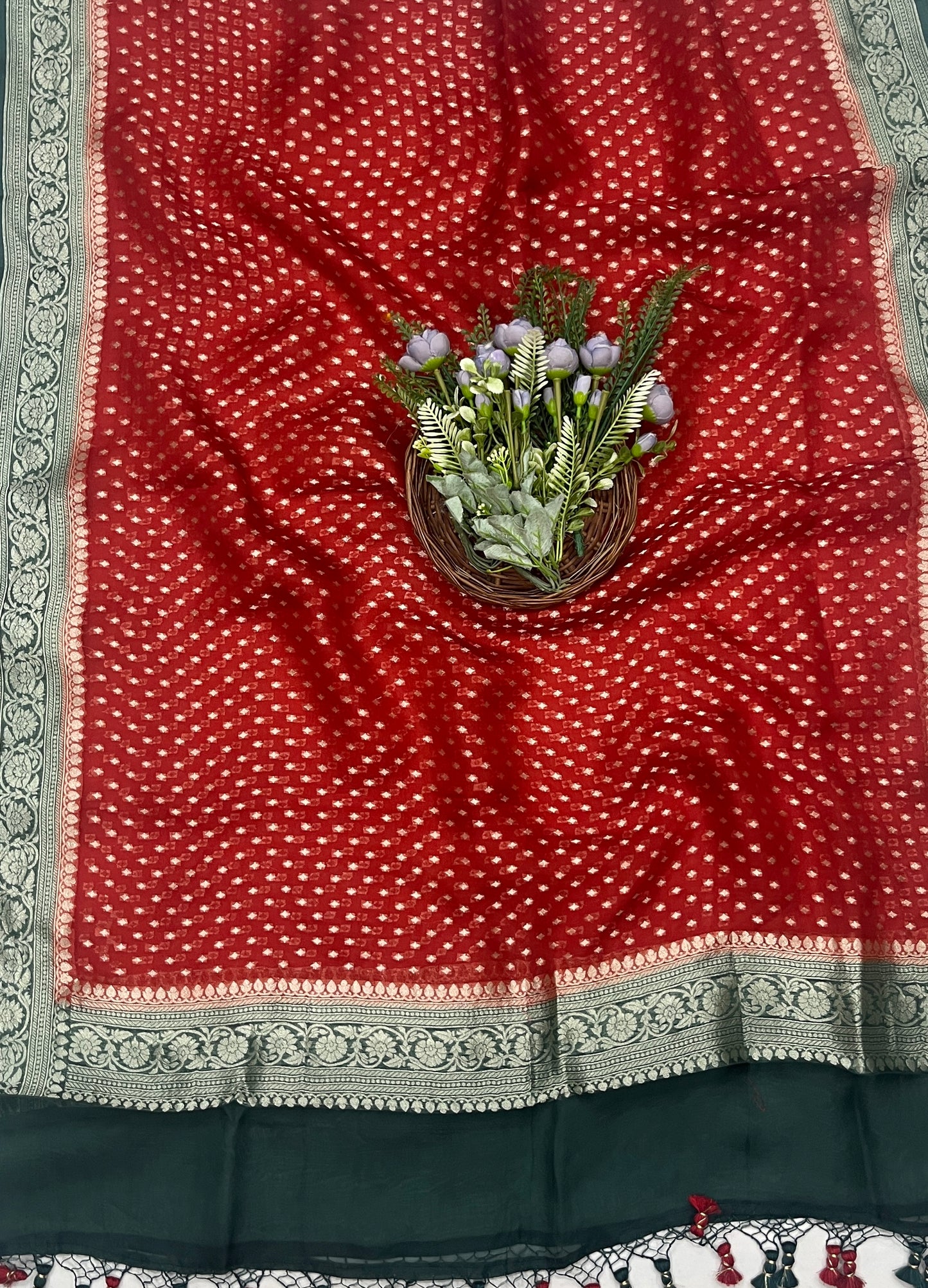 287C Pure Mul Cotton Dark Green With Red Suit Fabric / CKC Mul Cotton