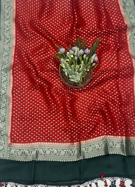 287C Pure Mul Cotton Dark Green With Red Suit Fabric / CKC Mul Cotton