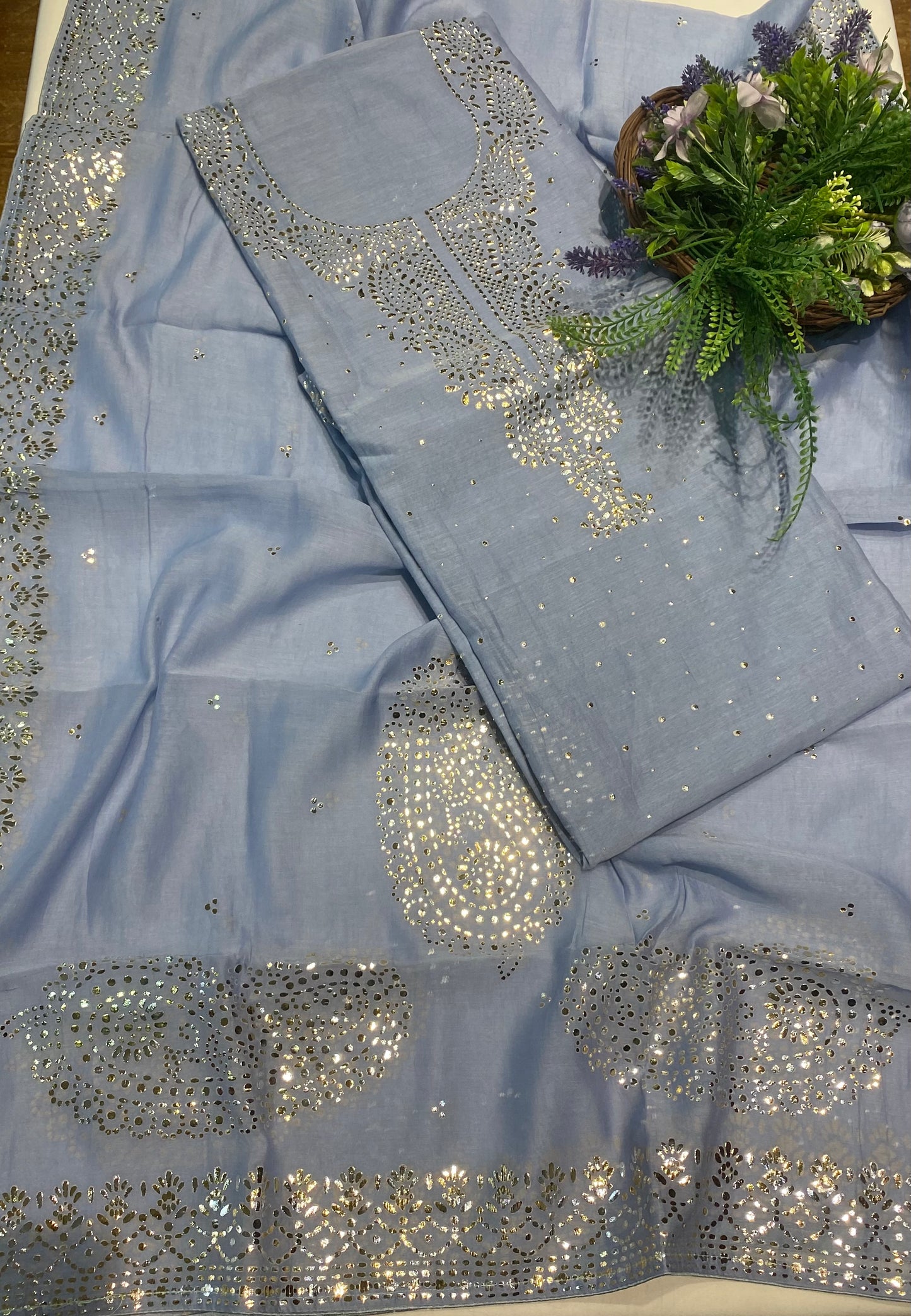 Mul Chanderi Ice Blue Suit Fabric / Lakhnavi Suits Collection