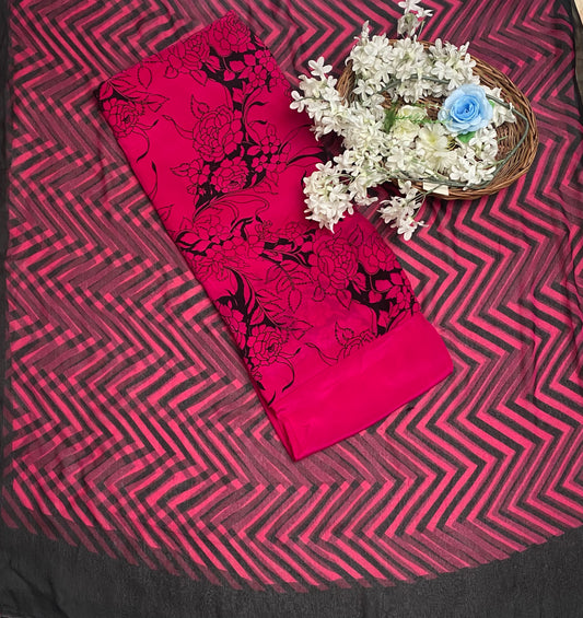 Crepe Magenta With Black Suit Fabric / Phoolon Ka Ghar