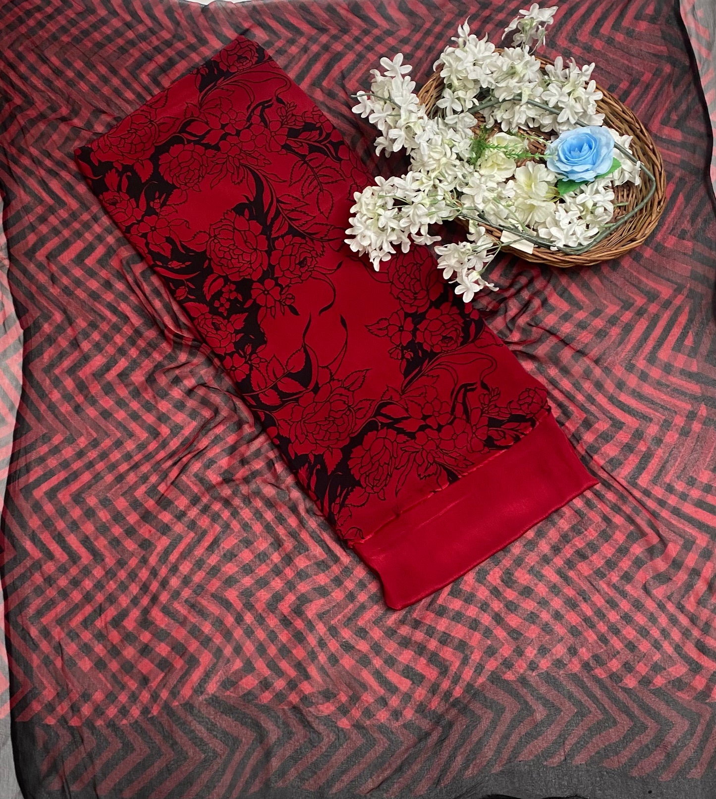 Crepe Red With Black Suit Fabric / Phoolon Ka Ghar
