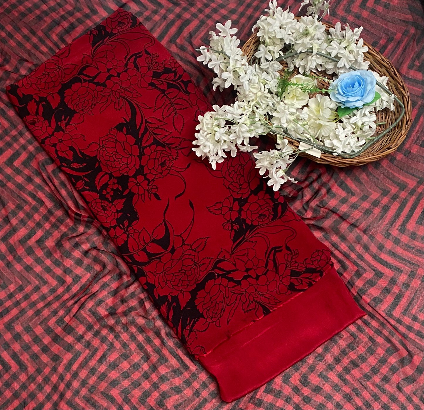 Crepe Red With Black Suit Fabric / Phoolon Ka Ghar