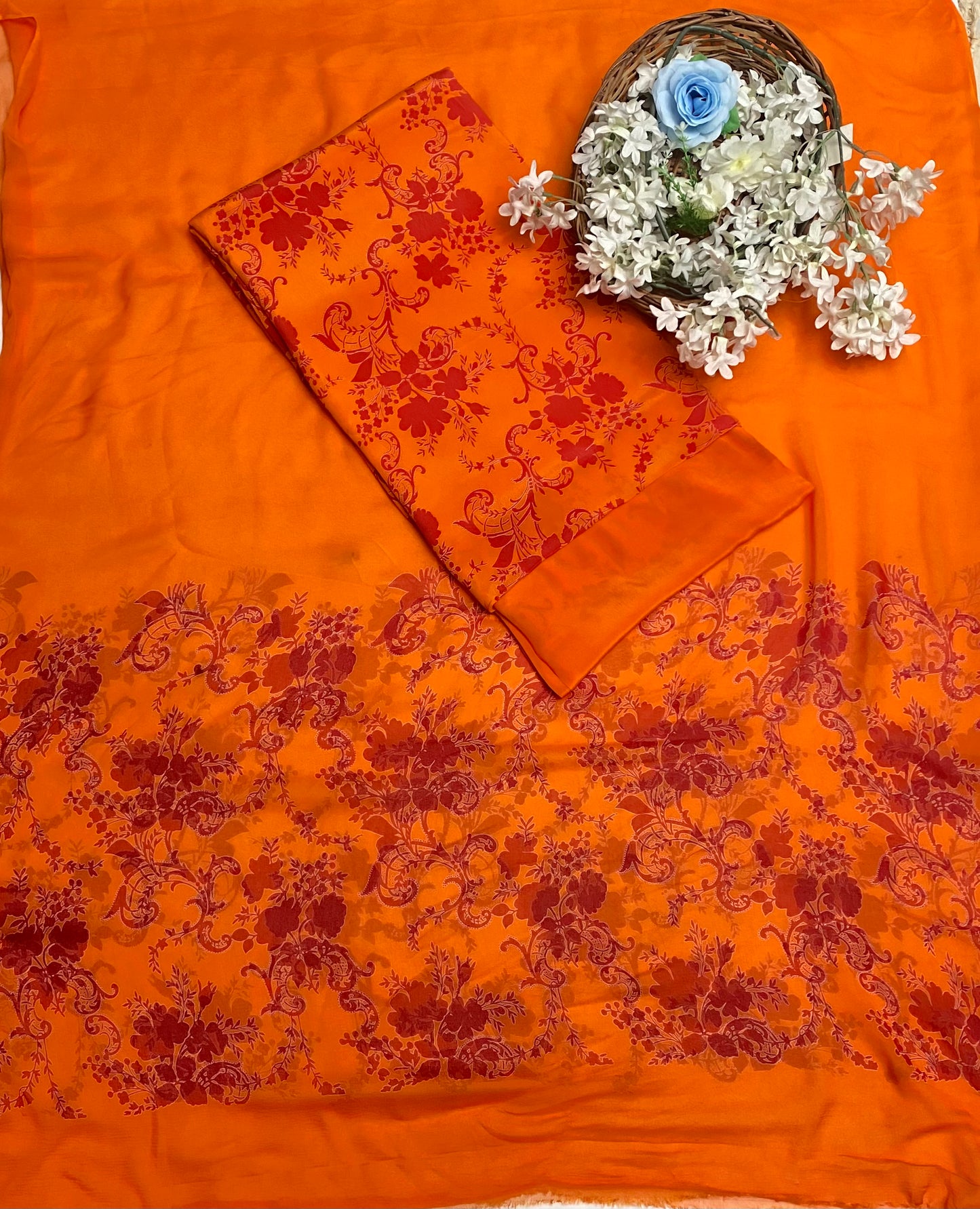 Crepe Orange Suit Fabric / Phoolon Ka Ghar