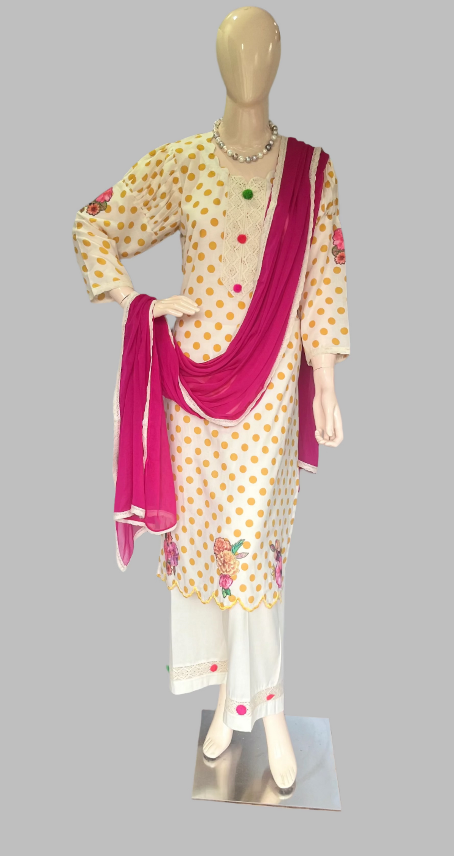 Cotton Cream With Yellow Stitched Suit / Polka Petals