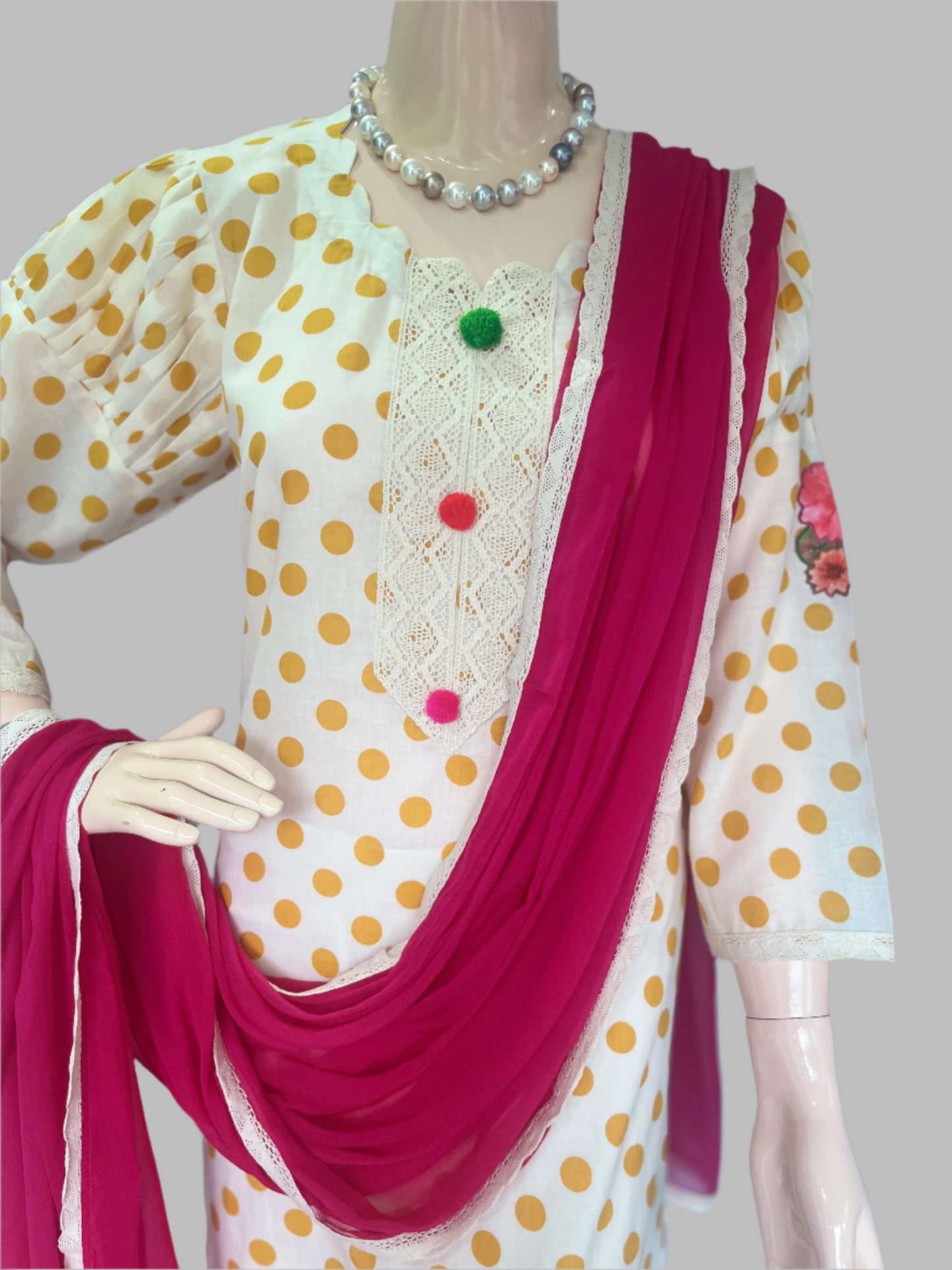 Cotton Cream With Yellow Stitched Suit / Polka Petals