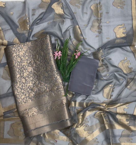 Brocade Grey Suit Fabric / Banarasi Baithak