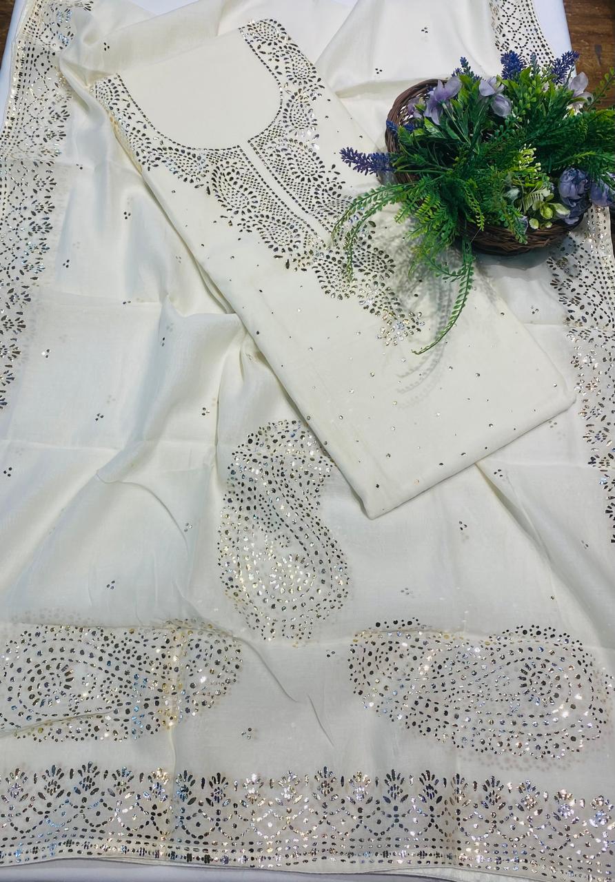Mul Chanderi White Suit Fabric/ Lakhnavi Suits Collection