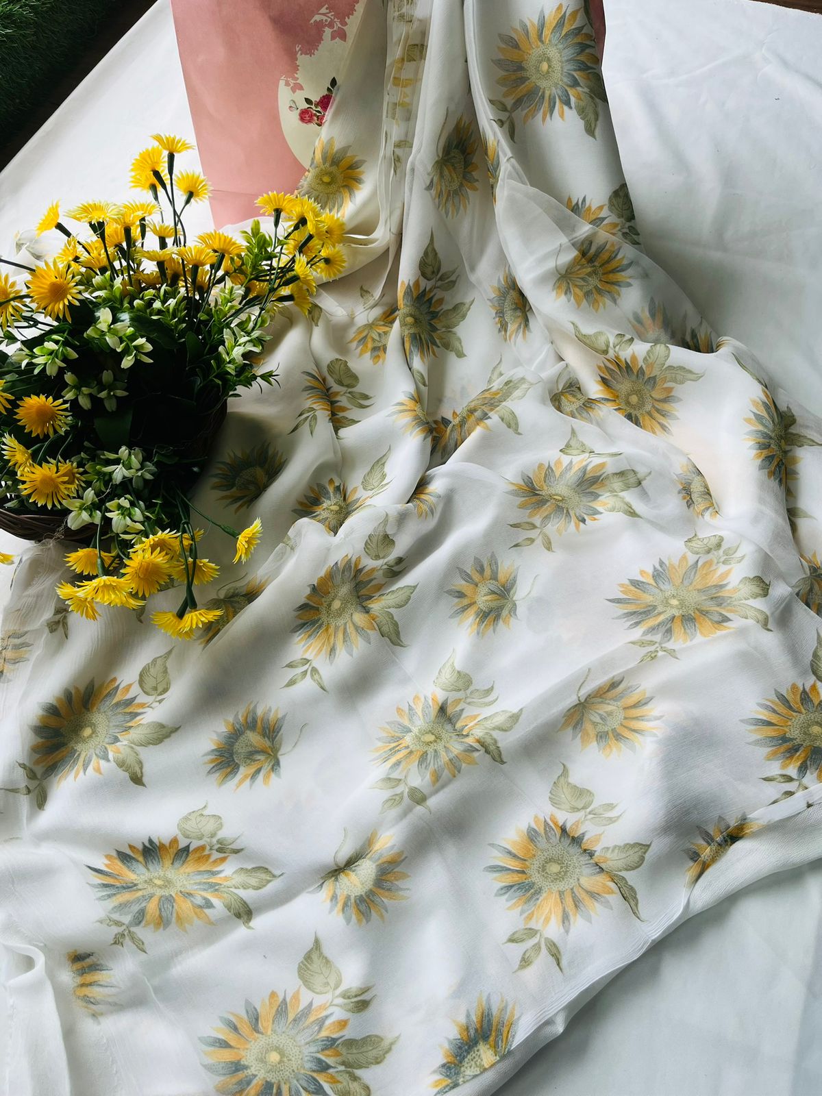 Ckc 351 Chiffon White With Yellowish Green Suit Fabric / CKC Chiffon Suits