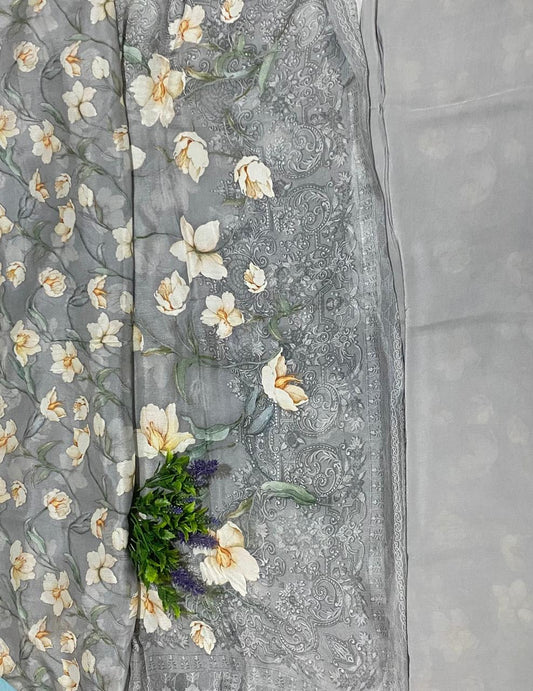 Chinon Crepe Grey Suit Fabric / Phoolon Ka Ghar
