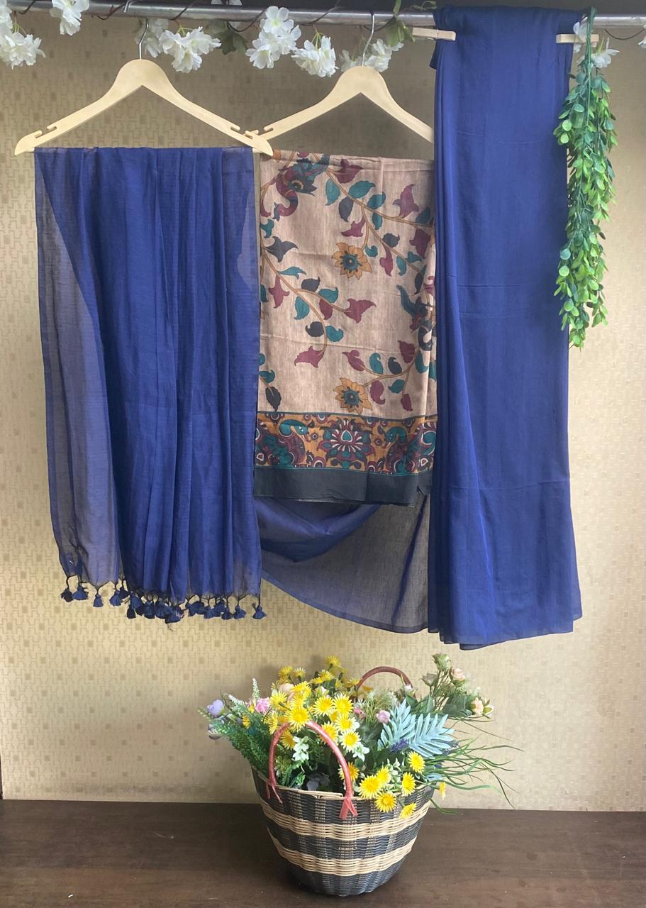 Cotton Navy Blue With Beige Saree / Cotton Sarees