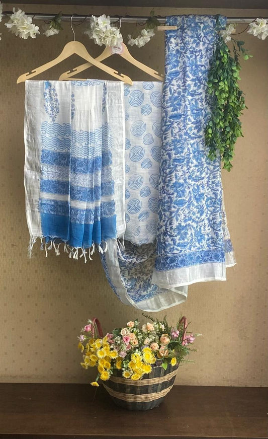 Linen White With Blue Saree / Cotton Sarees