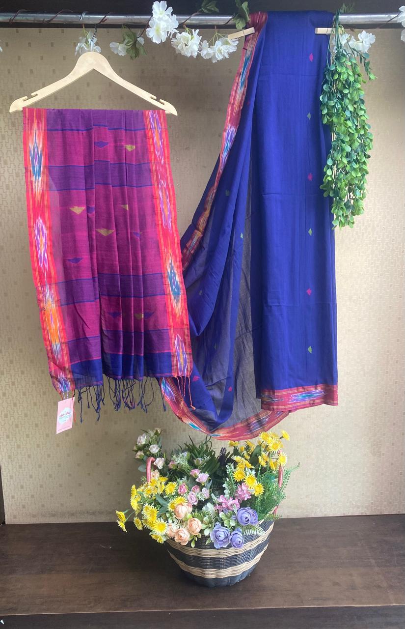 Cotton Royal Blue With Majenta Saree / Cotton Sarees