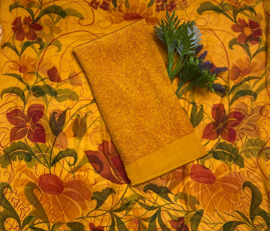 Crepe Mustard Suit Fabric/ Phoolon Ka Ghar