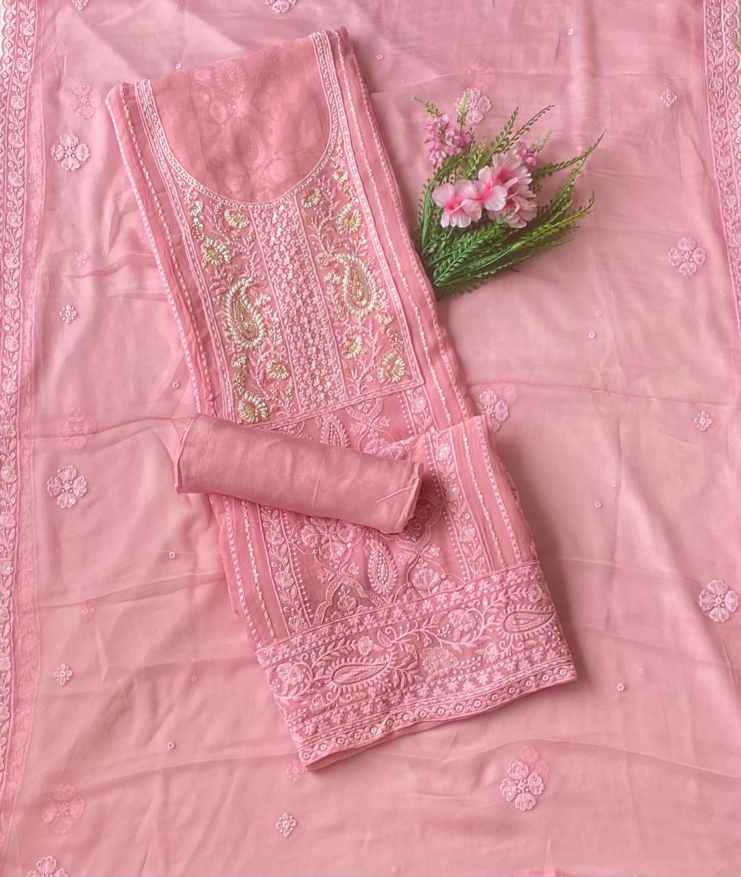 Lakhnavi Georgette Pink Suit Fabric/ Lakhnavi Suits