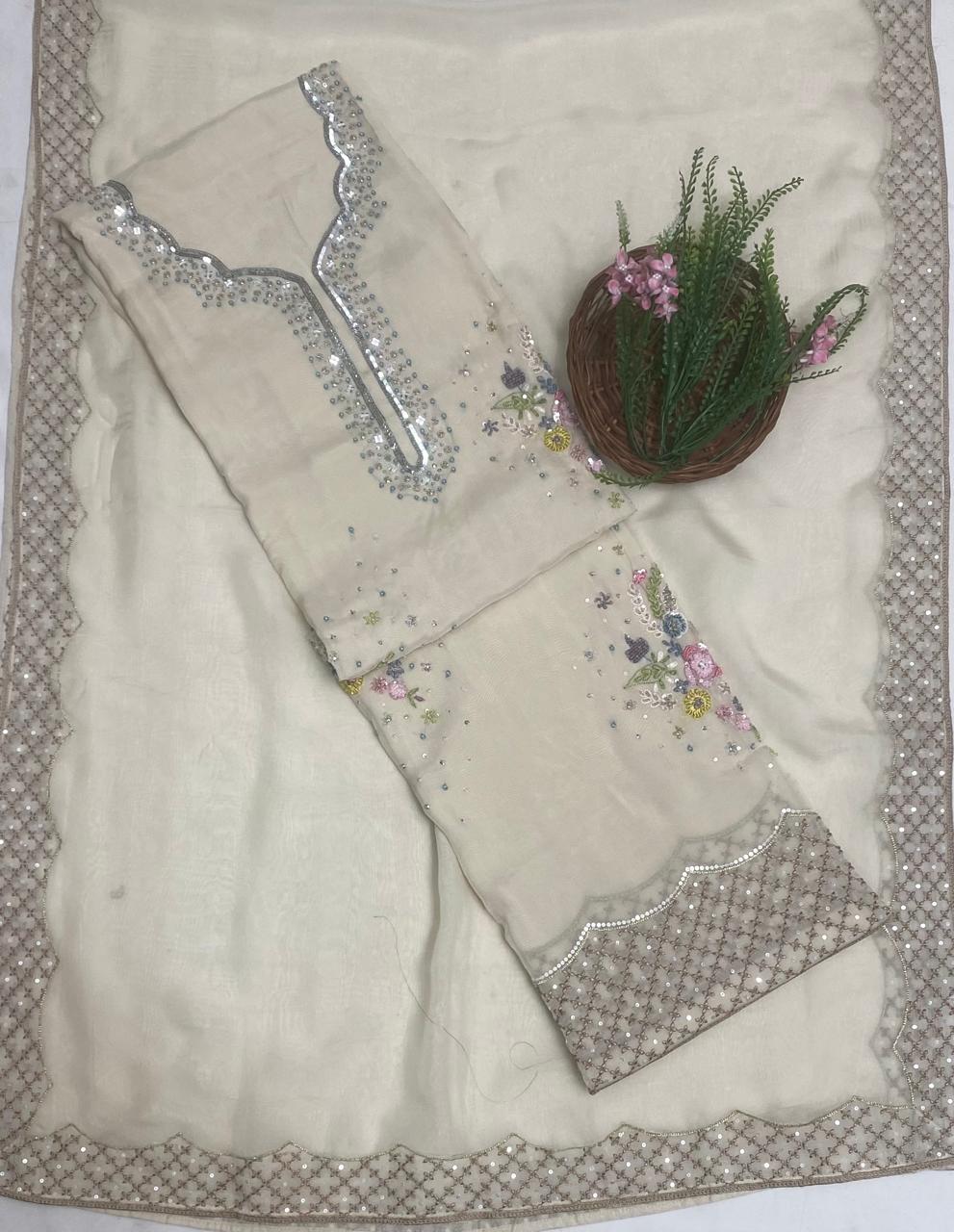 Organza Cream Suit Fabric/ Karwachauth Collection