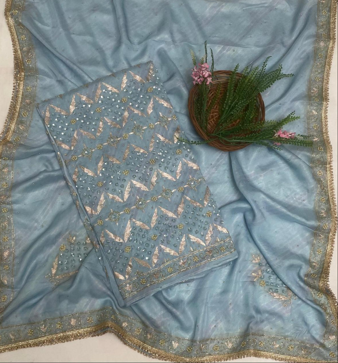 Organza Ice Blue Suit Fabric/ Karwachauth Collection
