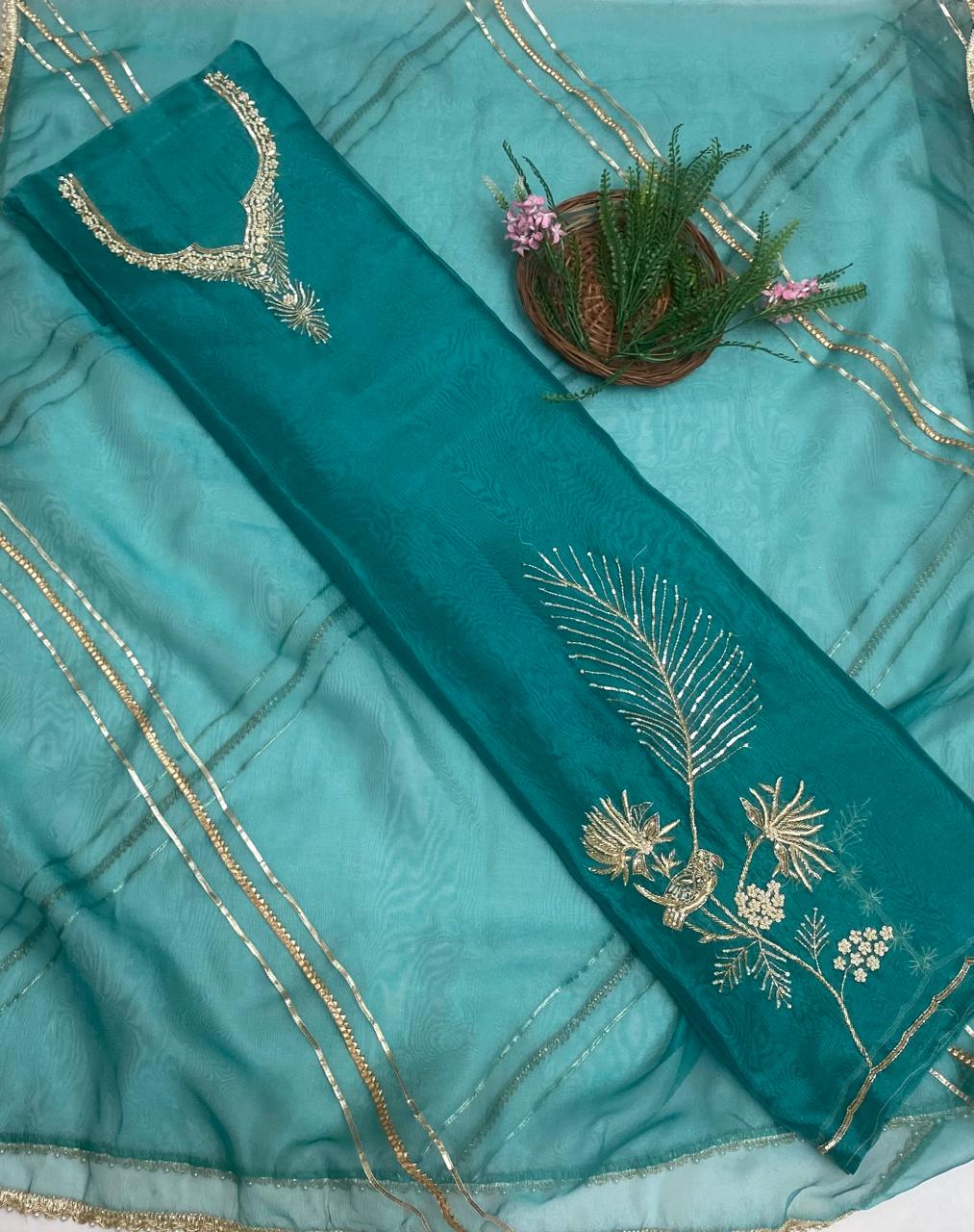 Shimmer Organza Peacock Blue Suit Fabric/ Karwachauth Collection