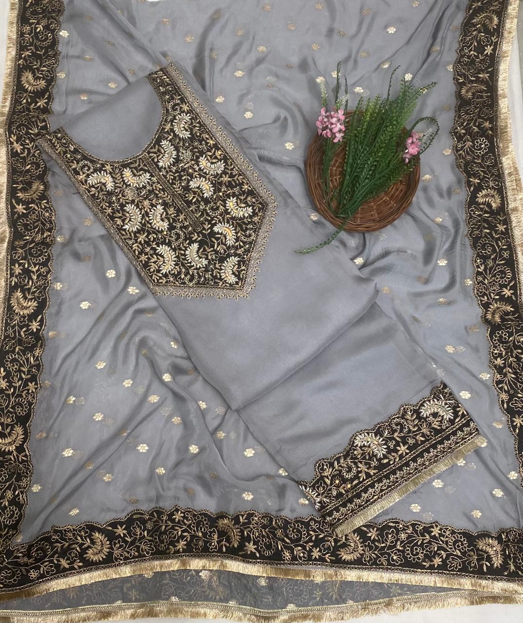 Banarasi Organza Grey With Black Suit Fabric/ Karwachauth Collection