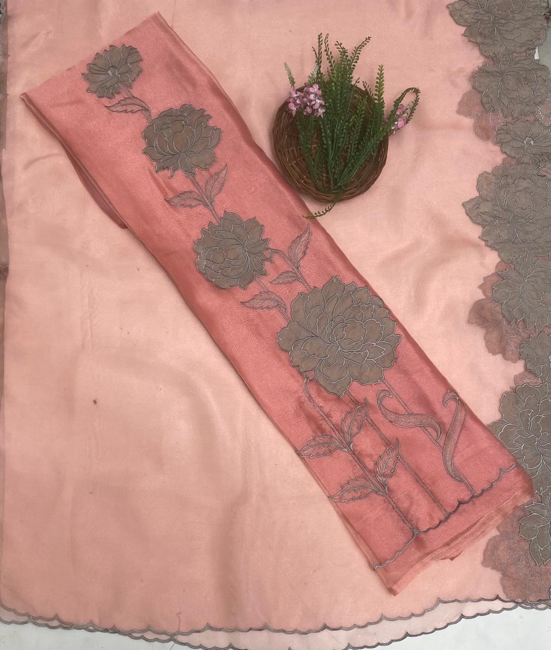 Shimmer Organza Peach With Skin Suit Fabric/ Karwachauth Collection