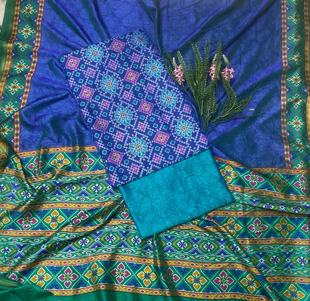 Patola Silk Navy Blue With Blue Suit Fabric / Summer Elegance
