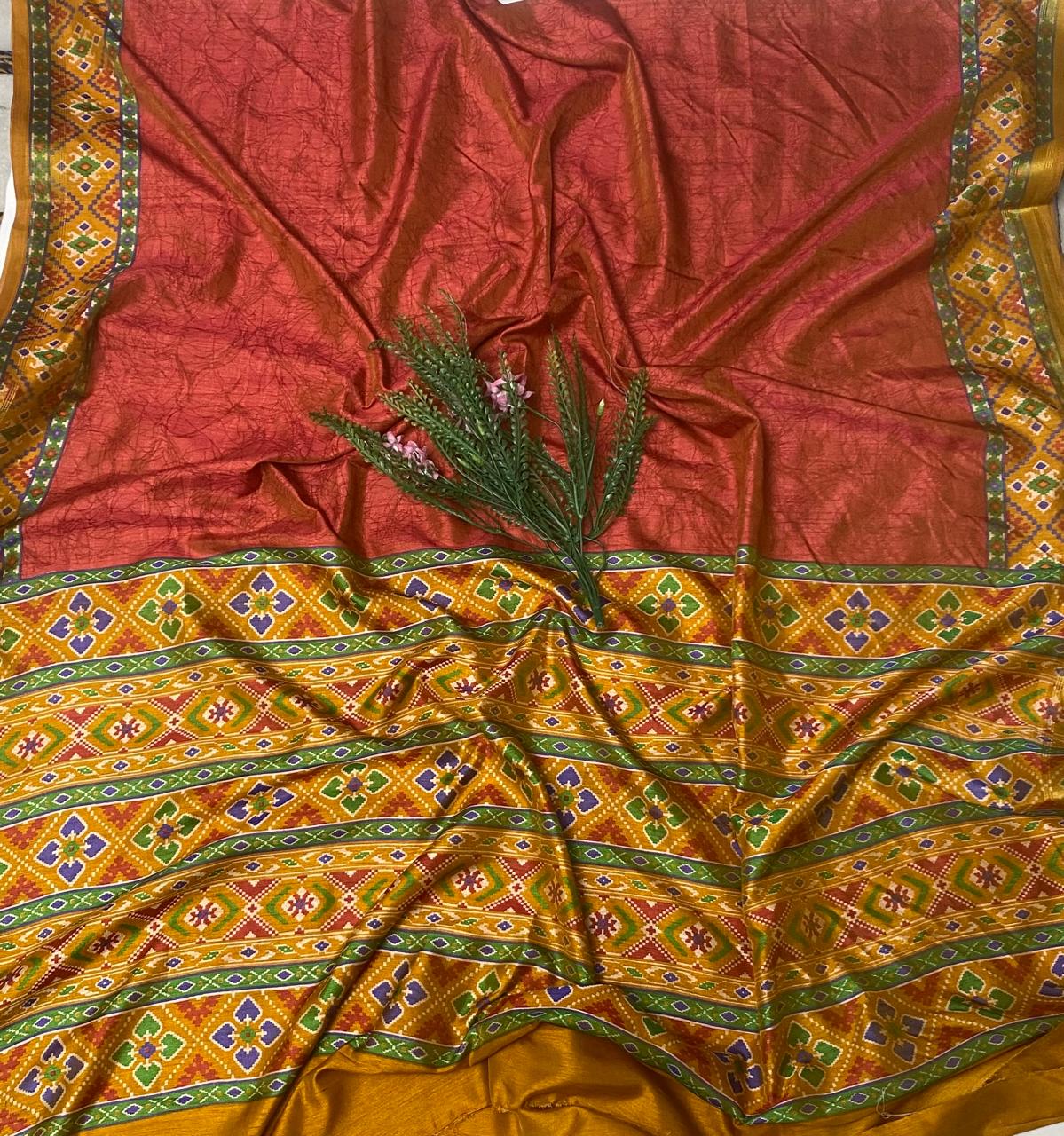 Patola Silk Yellow With Rust Red Suit Fabric / Summer Elegance