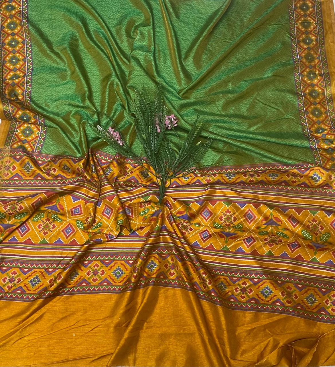 Patola Silk Yellow With Green Suit Fabric / Summer Elegance
