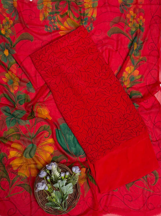 Crepe Red Suit Fabric / Phoolon Ka Ghar