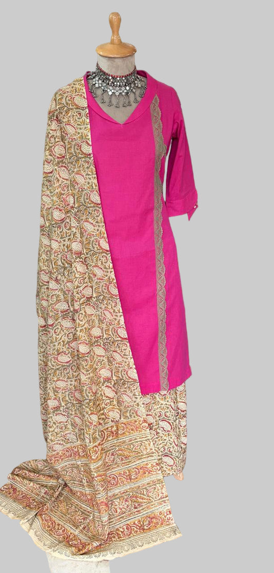 Linen Magenta With Beige Stitched Suit / Panel Design