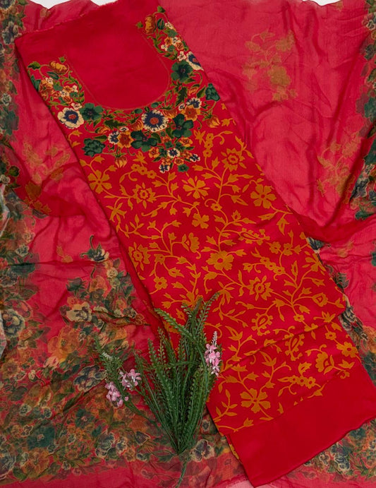 Crepe Red With Yellow Suit Fabric / Phoolon Ka Ghar
