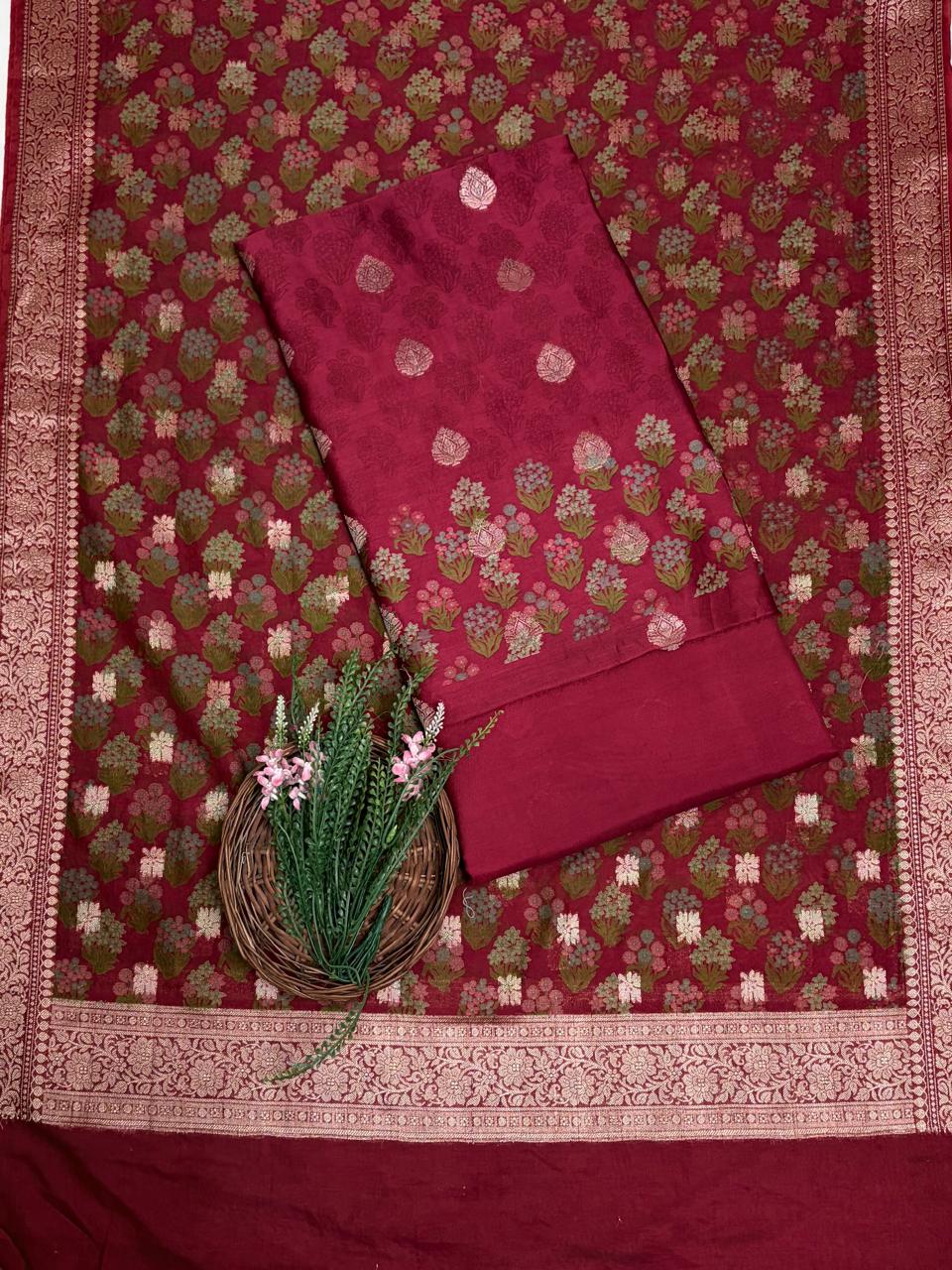 Pure Maheshwari Maroon Suit Fabric / Maheshwari Suits