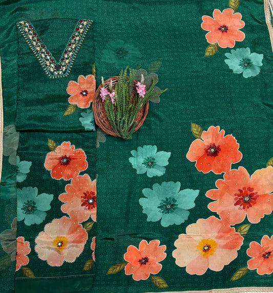 Satin Organza Green Suit Fabric / Partywear Collection