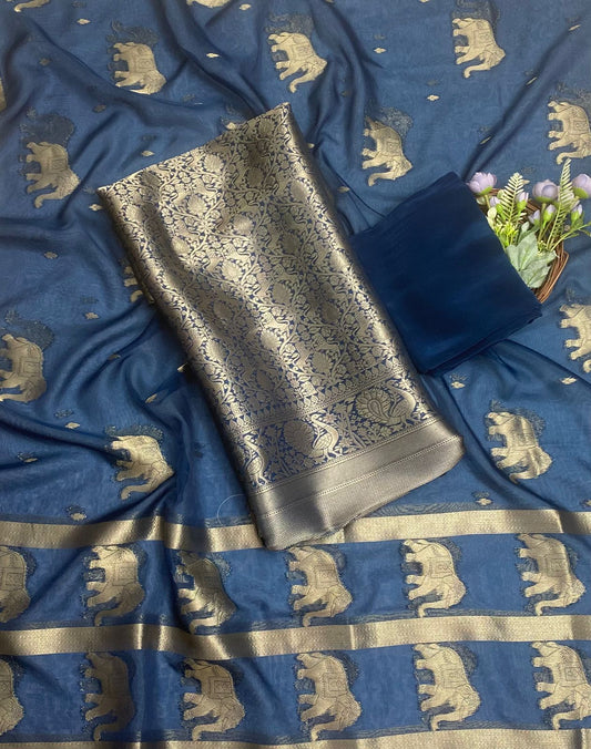 Brocade Navy Blue Suit Fabric / Banarasi Baithak