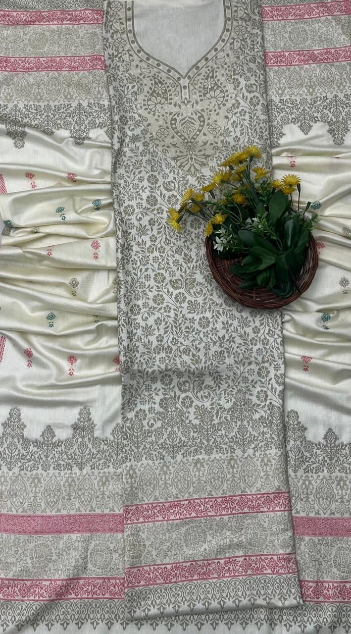Pashmina Cream With Grey Suit Fabric - Studio CKC