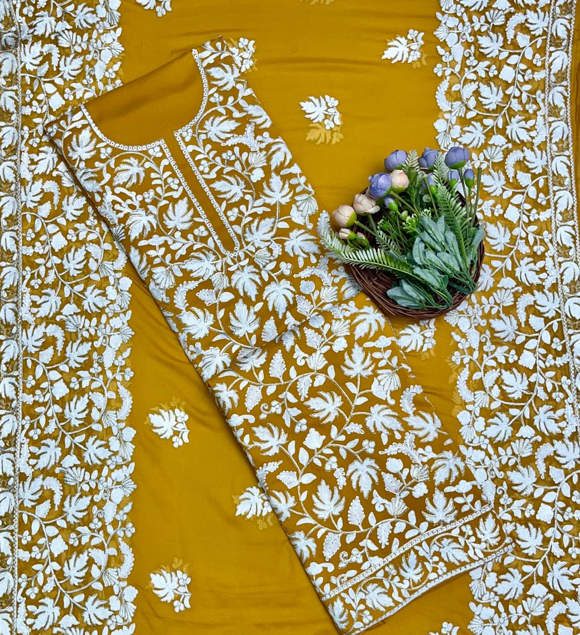 Rayon Aari Mustard Suit Fabric - Studio CKC