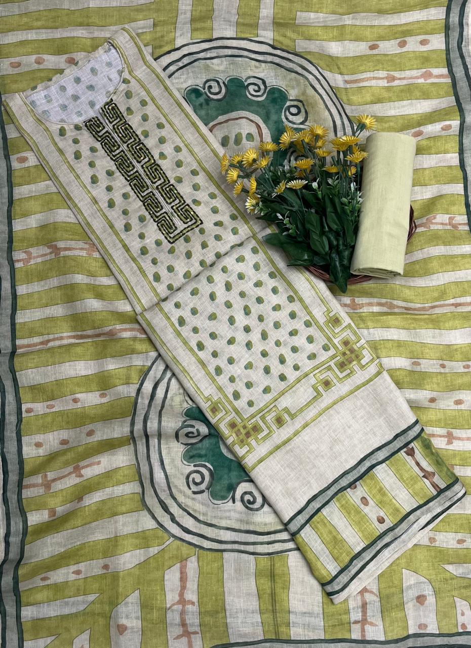 Linen Light Mehndi Green Suit Fabric - Studio CKC