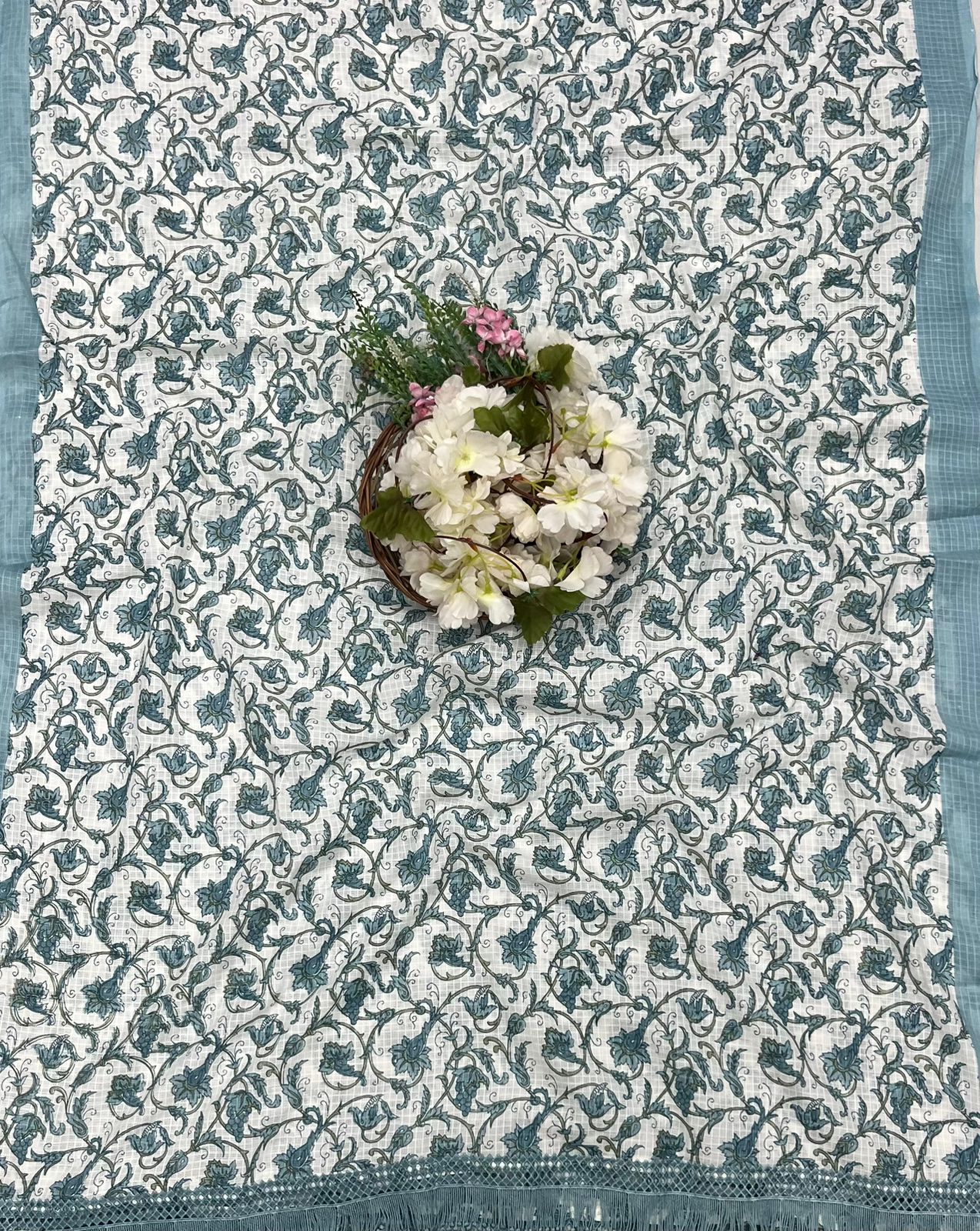 21 Cotton White With Light Teal Blue Suit Fabric / CKC Cotton Bazaar