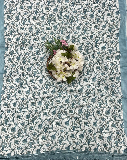 CKC 21 Cotton White With Light Teal Blue Suit Fabric / CKC Cotton Bazaar
