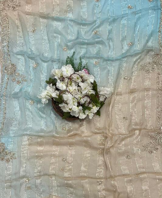 Shimmer Organza Beige With Blue Suit Fabric/ CKC Partywear Collection