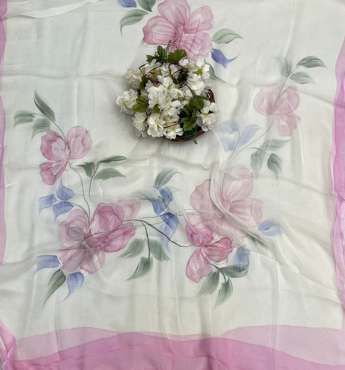 14 Mul Chanderi Off White With Pink Suit Fabric/ CKC Hand Painted Suits