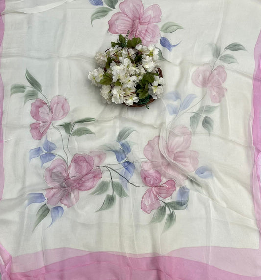 CKC 14 Mul Chanderi Off White With Pink Suit Fabric/ CKC Hand Painted Suits