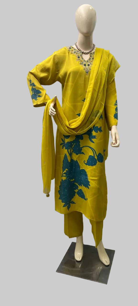 188B Muslin Yellow With Green Stitched Suit / CKC Stitched Suits