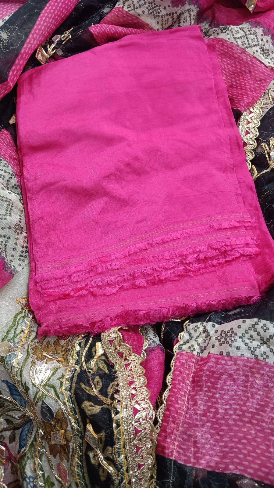 Organza Off White With Dark Pink Suit Fabric/ CKC Partywear Collection
