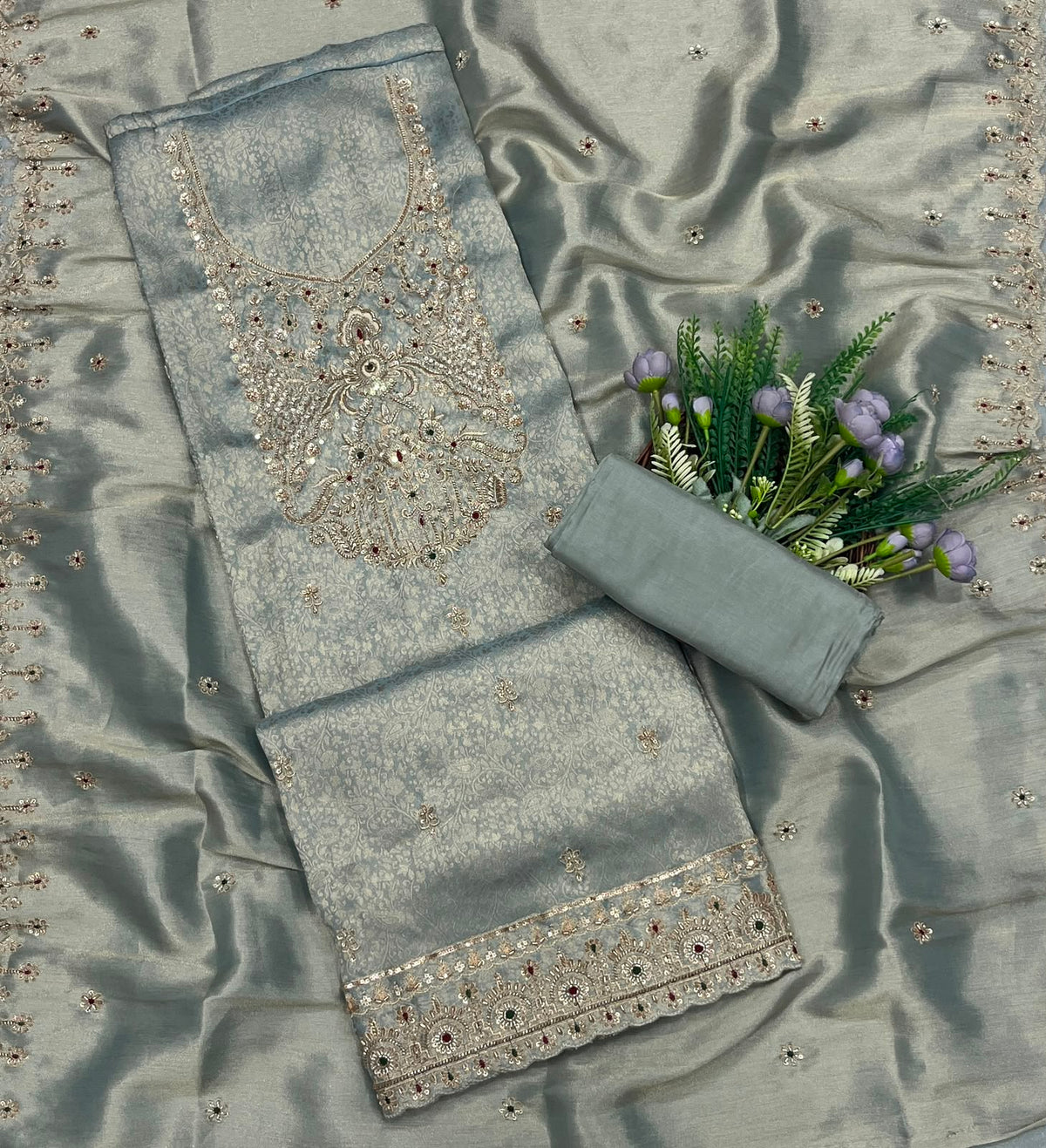 331C Banarasi Brocade Steal Grey Suit Fabric / CKC Banarasi Edit
