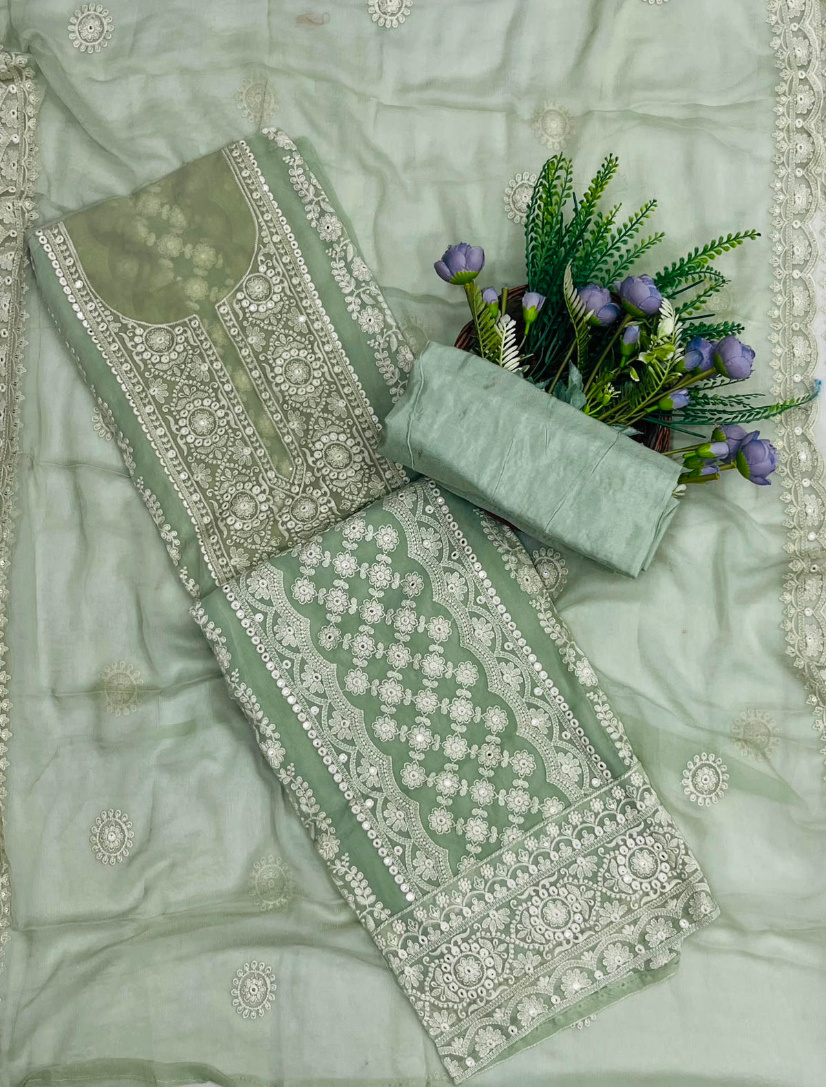311C Lakhnavi Georgette Light Green Suit Fabric/ CKC Lakhnavi Suits