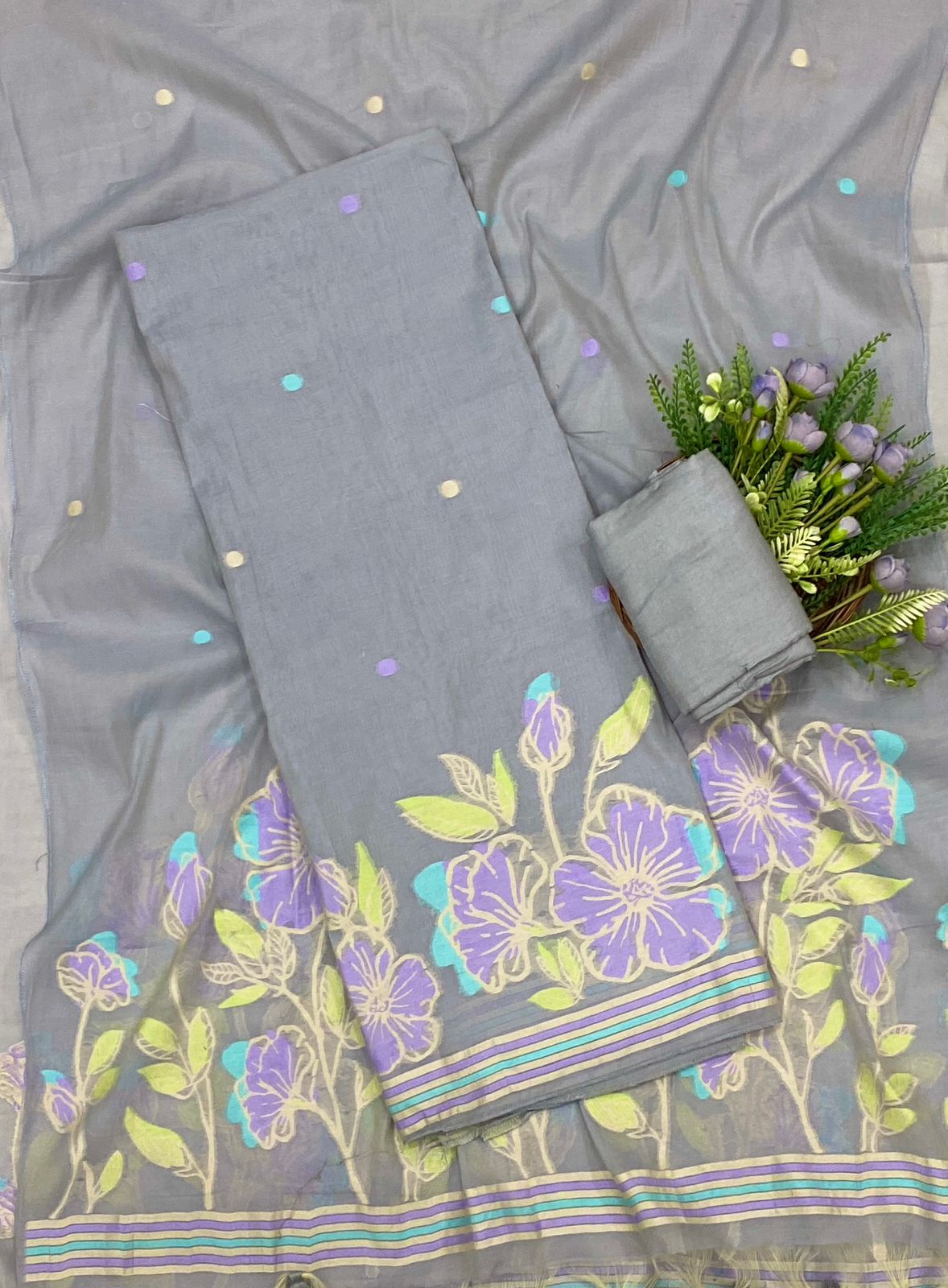 562C Mul Chanderi Grey Suit Fabric/ CKC Mul Cotton