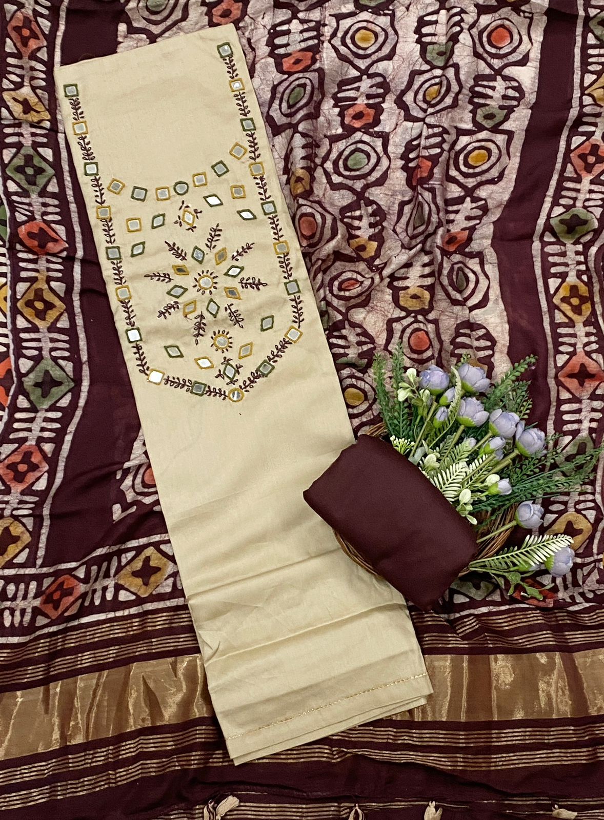 601C Jaipuri Modal Silk Cream With Maroon Suit Fabric / CKC Jaipuri Suits