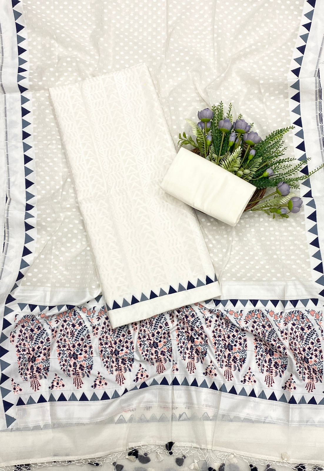 551C Handloom Jamdani White With Grey Suit Fabric / CKC Jamdani Suits